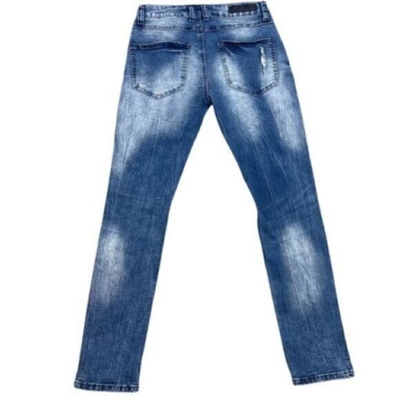 Black Premium Skinny Flex Blue trendy Jeans Distressed Patches Sz 28 /28 Hemmed - Picture 2 of 10